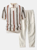 Men's Crochet Stripe Polo and Linen Trousers Summer Set