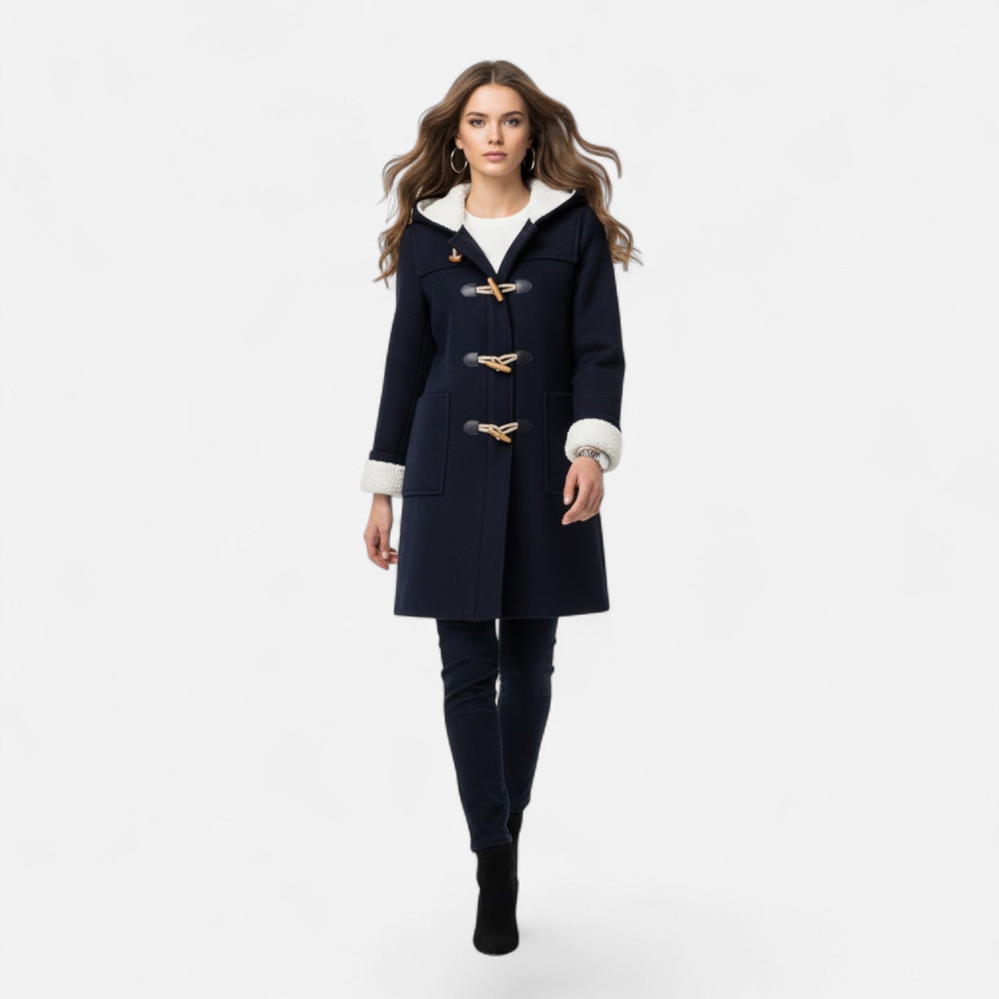 Women's Hooded Button-Front Winter Coat with Pockets
