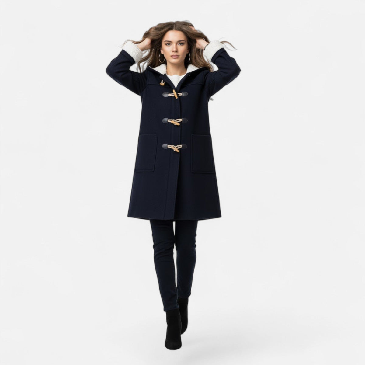 Women's Hooded Button-Front Winter Coat with Pockets