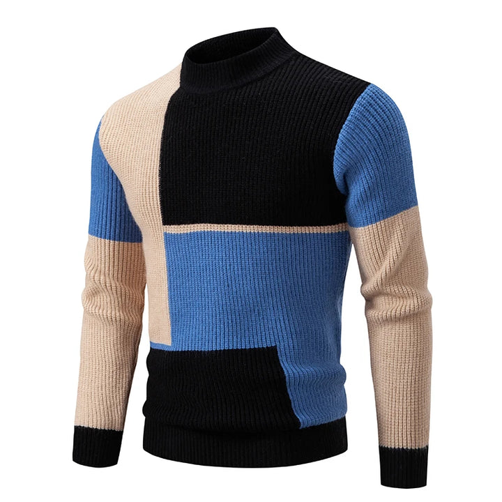 Men's Geometric Colour Block Ribbed Knit High Neck Jumper