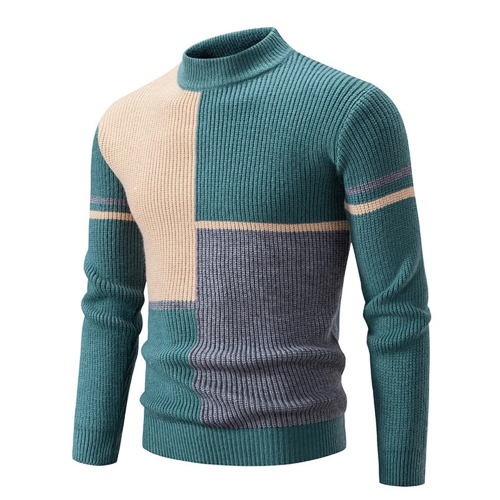 Men's Geometric Colour Block Ribbed Knit High Neck Jumper