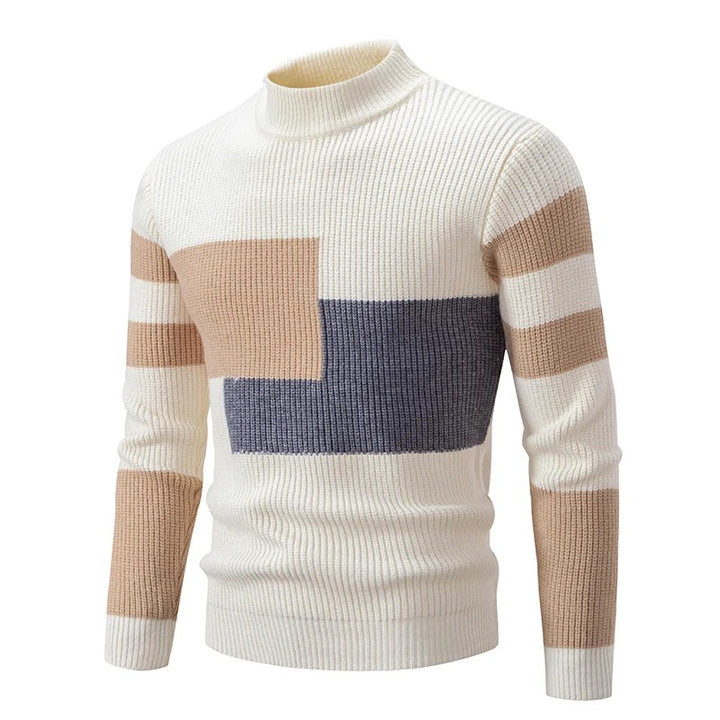 Men's Geometric Colour Block Ribbed Knit High Neck Jumper