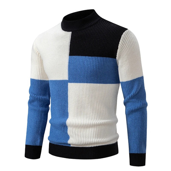 Men's Geometric Colour Block Ribbed Knit High Neck Jumper