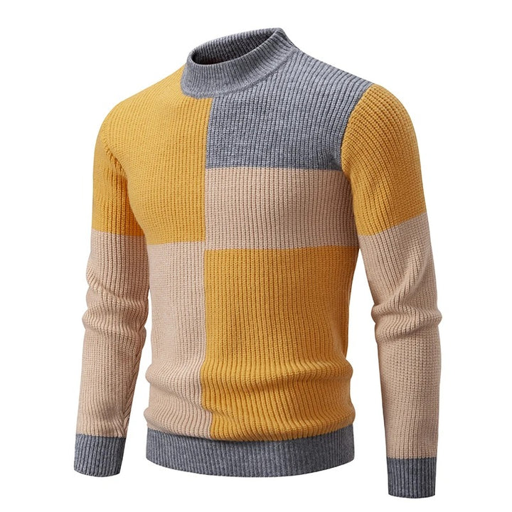 Men's Geometric Colour Block Ribbed Knit High Neck Jumper