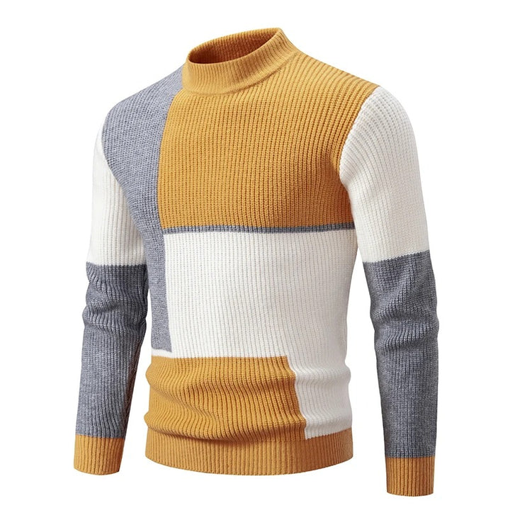 Men's Geometric Colour Block Ribbed Knit High Neck Jumper