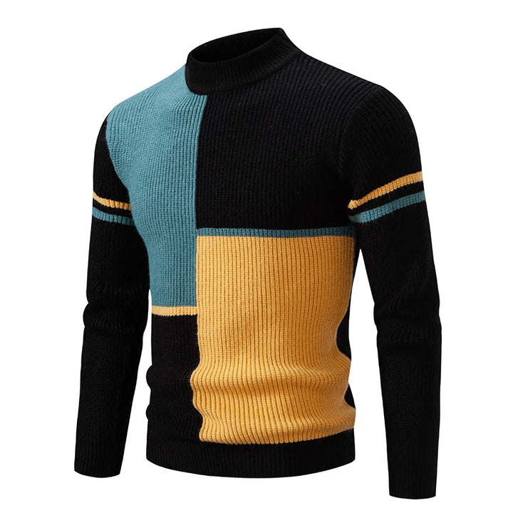 Men's Geometric Colour Block Ribbed Knit High Neck Jumper