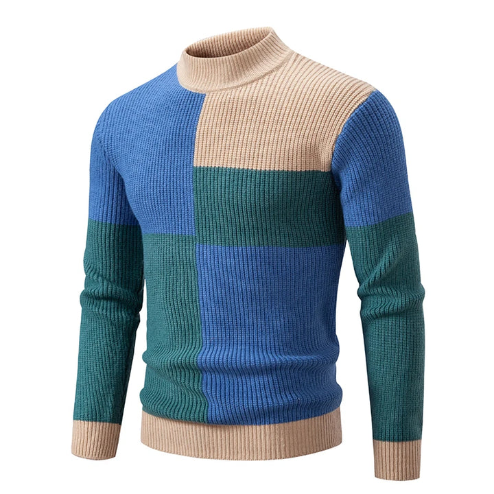 Men's Geometric Colour Block Ribbed Knit High Neck Jumper