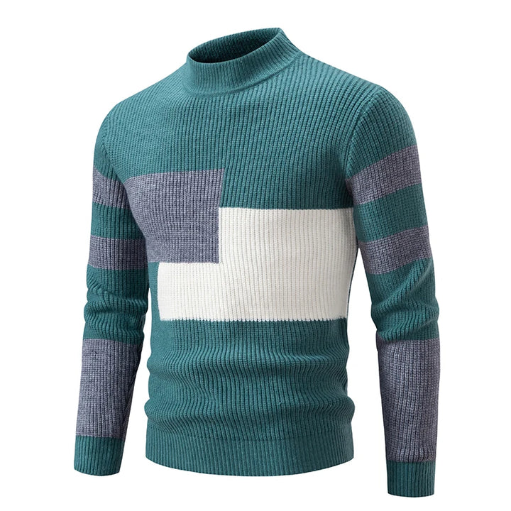 Men's Geometric Colour Block Ribbed Knit High Neck Jumper