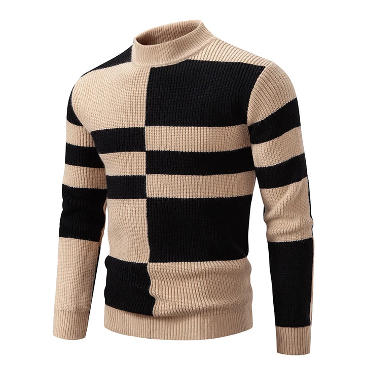 Men's Geometric Colour Block Ribbed Knit High Neck Jumper