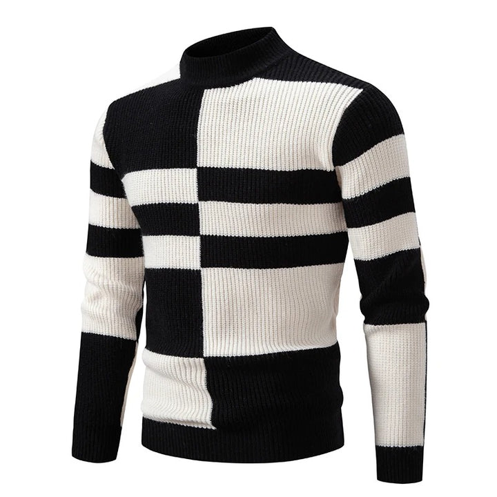 Men's Geometric Colour Block Ribbed Knit High Neck Jumper
