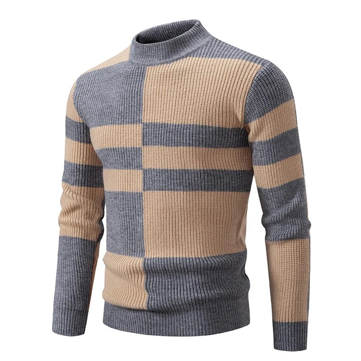 Men's Geometric Colour Block Ribbed Knit High Neck Jumper