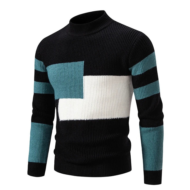 Men's Geometric Colour Block Ribbed Knit High Neck Jumper