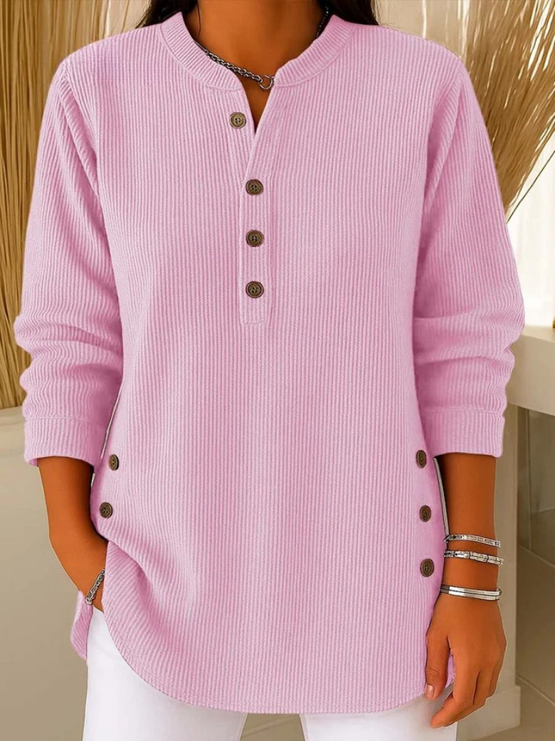 Women's Long Sleeve Henley Sweater in Ribbed Knit – Pink