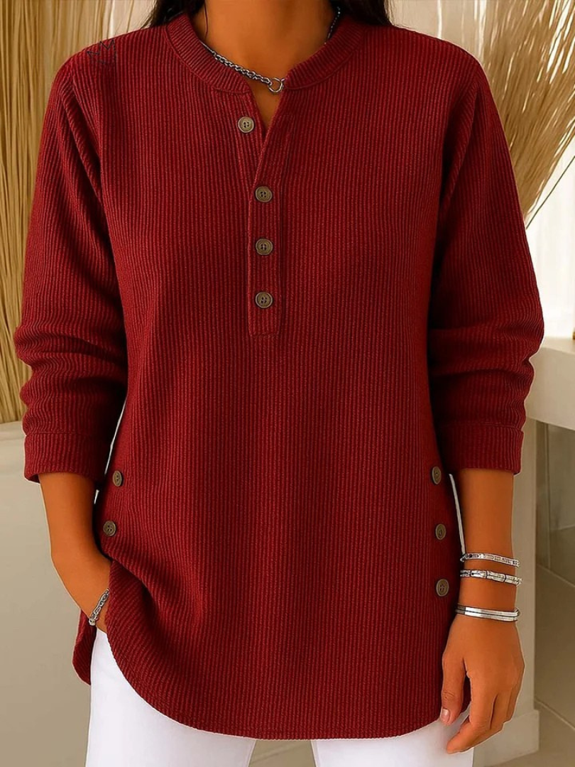 Women's Long Sleeve Henley Sweater in Ribbed Knit – Red