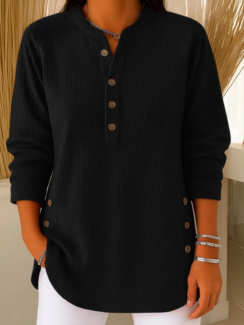 Women's Long Sleeve Henley Sweater in Ribbed Knit – Black