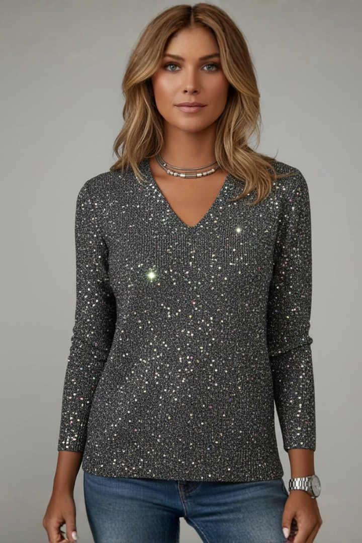 Women's Shimmer Knit V-Neck Holiday Sweater - Black