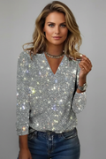 Women's Shimmer Knit V-Neck Holiday Sweater - Silver