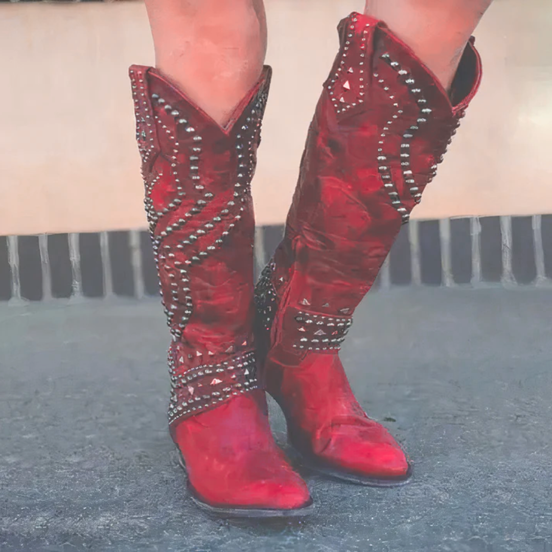 Women's Tall Studded Cowgirl Boots for Concerts and Weekends - Red