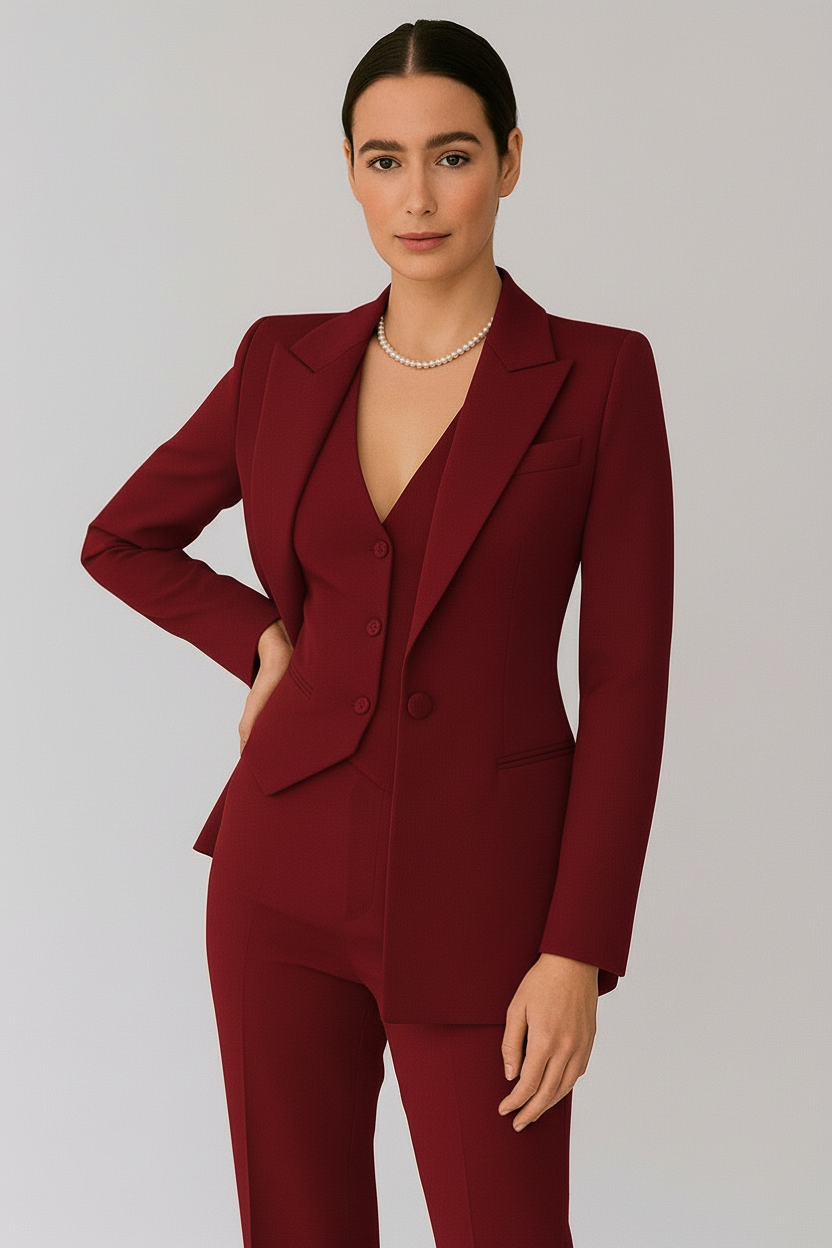 Women's Structured Three-Piece Workwear Suit with Button Vest - Wine Red