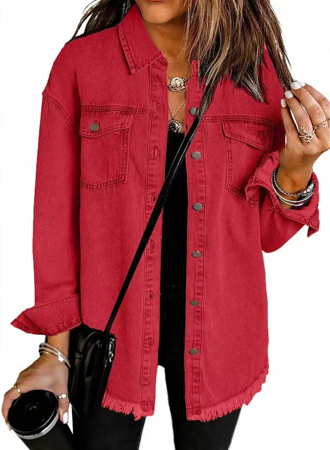 Women's Dropped-Shoulder Oversized Denim Jacket with Chest Pockets - Red