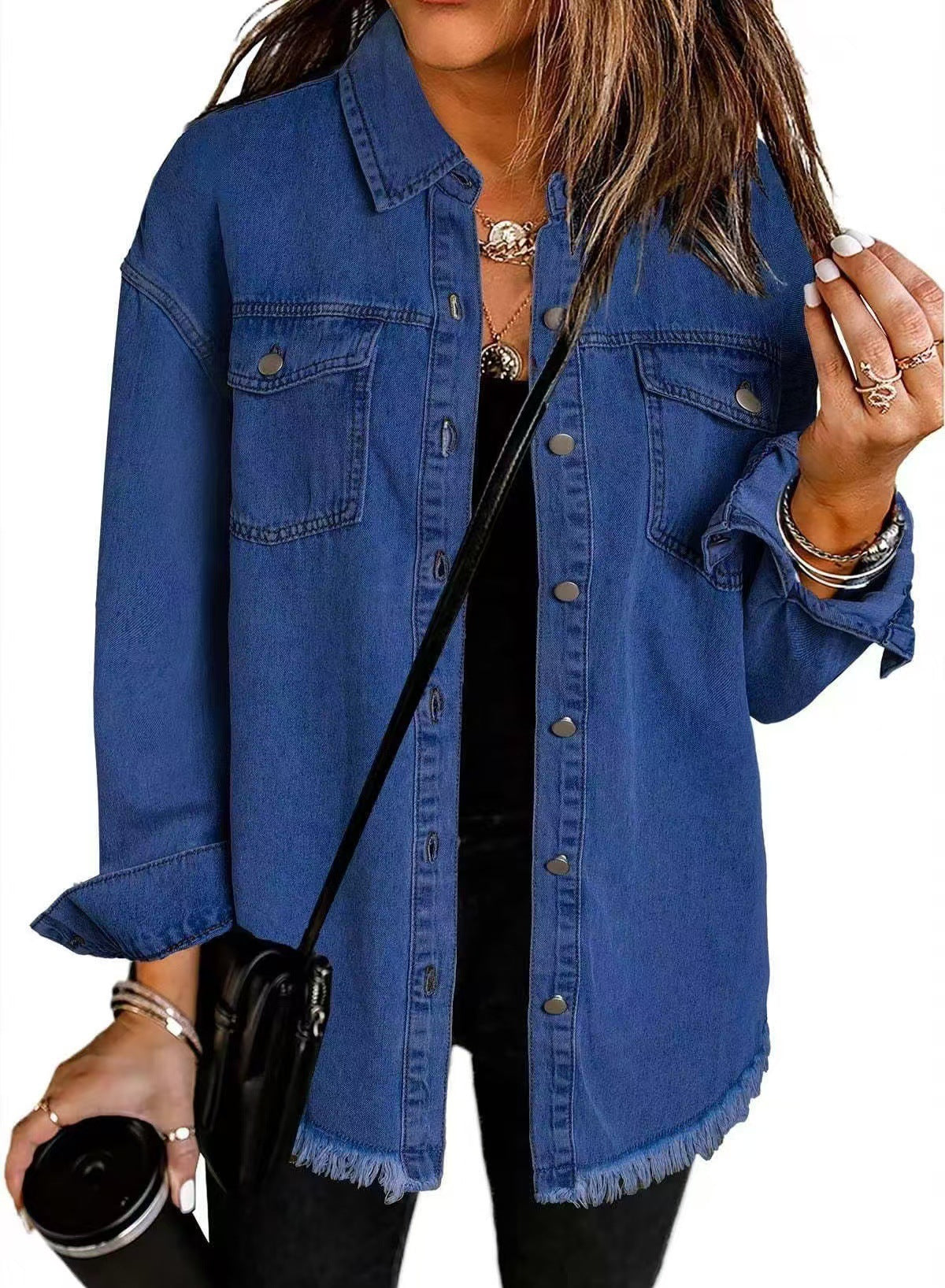 Women's Dropped-Shoulder Oversized Denim Jacket with Chest Pockets - Dark Blue