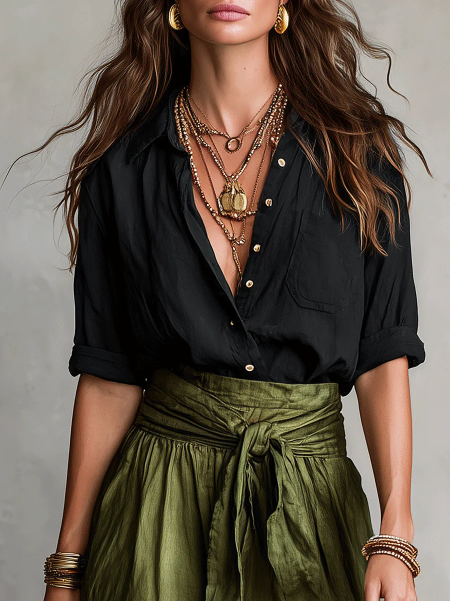Women's Breathable Two-Piece Shirt and Flowing Skirt Outfit