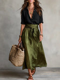 Women's Breathable Two-Piece Shirt and Flowing Skirt Outfit - Black Green