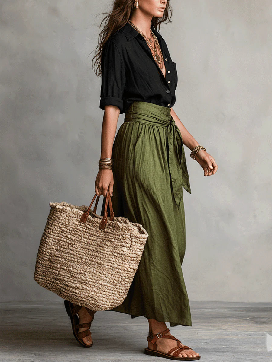 Women's Breathable Two-Piece Shirt and Flowing Skirt Outfit