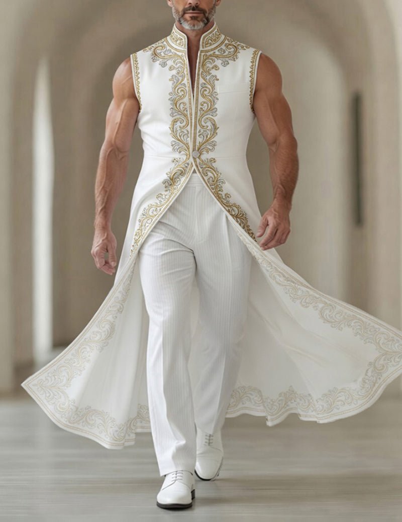 Men's Printed Sleeveless Tailcoat Jacket With Mandarin Collar