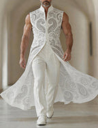 Men's Printed Sleeveless Tailcoat Jacket With Mandarin Collar