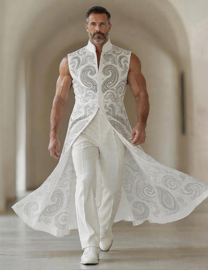 Men's Printed Sleeveless Tailcoat Jacket With Mandarin Collar