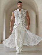 Men's Printed Sleeveless Tailcoat Jacket With Mandarin Collar