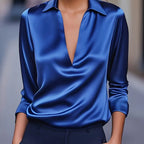 Women's Satin V-Neck Blouse Draped Collar Elegance