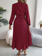 Women's Pleated Midi Dress with High Neck Tie