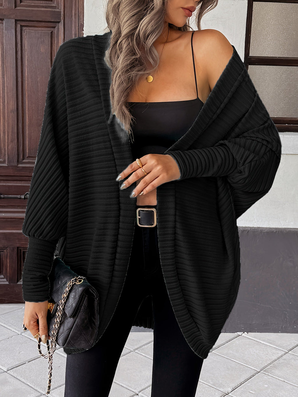 Women's Buttonless Ribbed Drape Cardigan