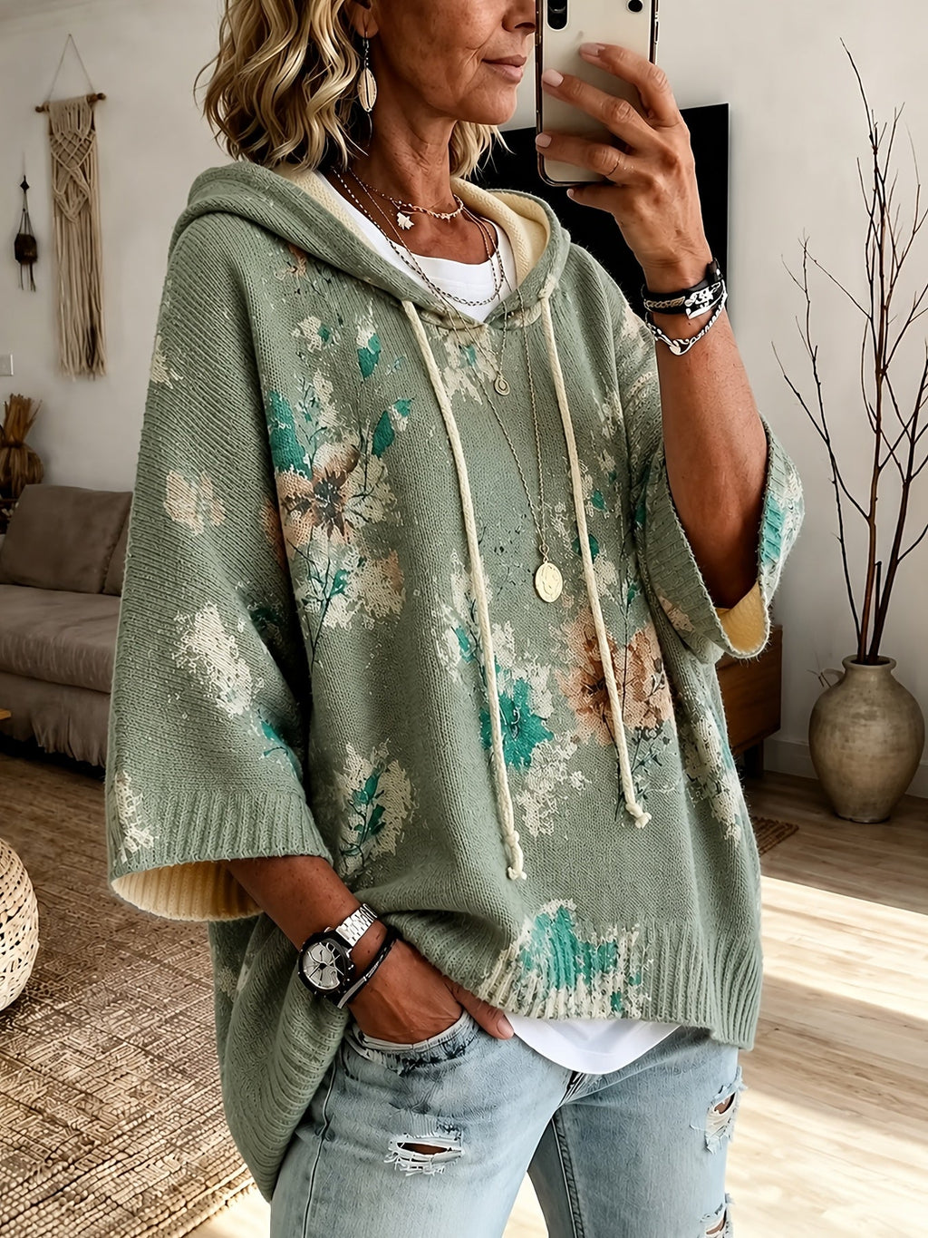 Women's Drawstring Hood Floral Knit Poncho Sweater
