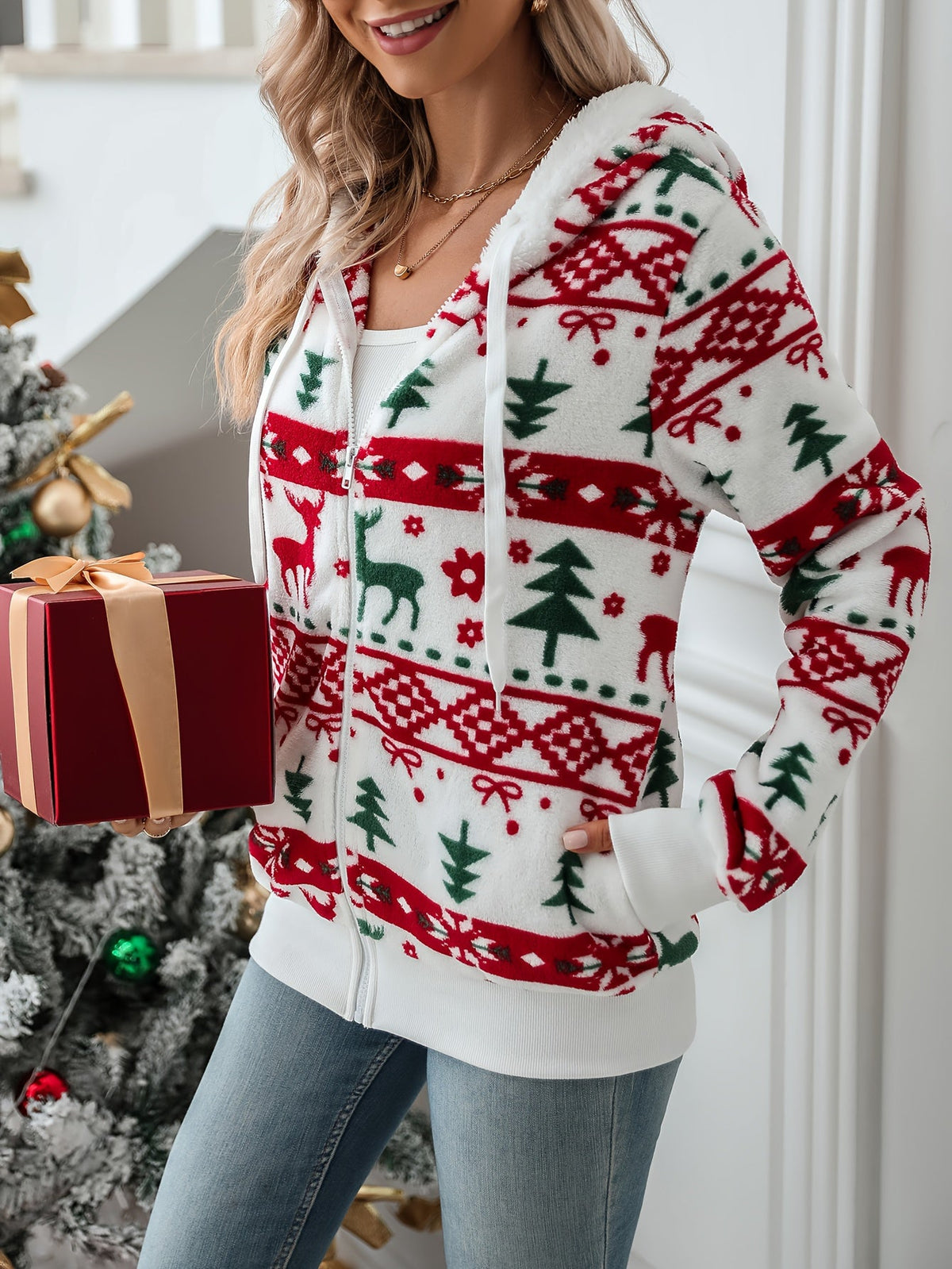 Women's Holiday Pattern Soft Hoodie Cardigan for Cozy Nights
