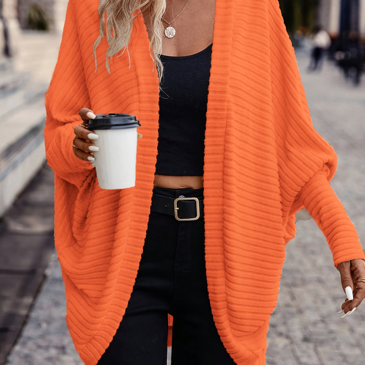 Women's Buttonless Ribbed Drape Cardigan - Orange-red