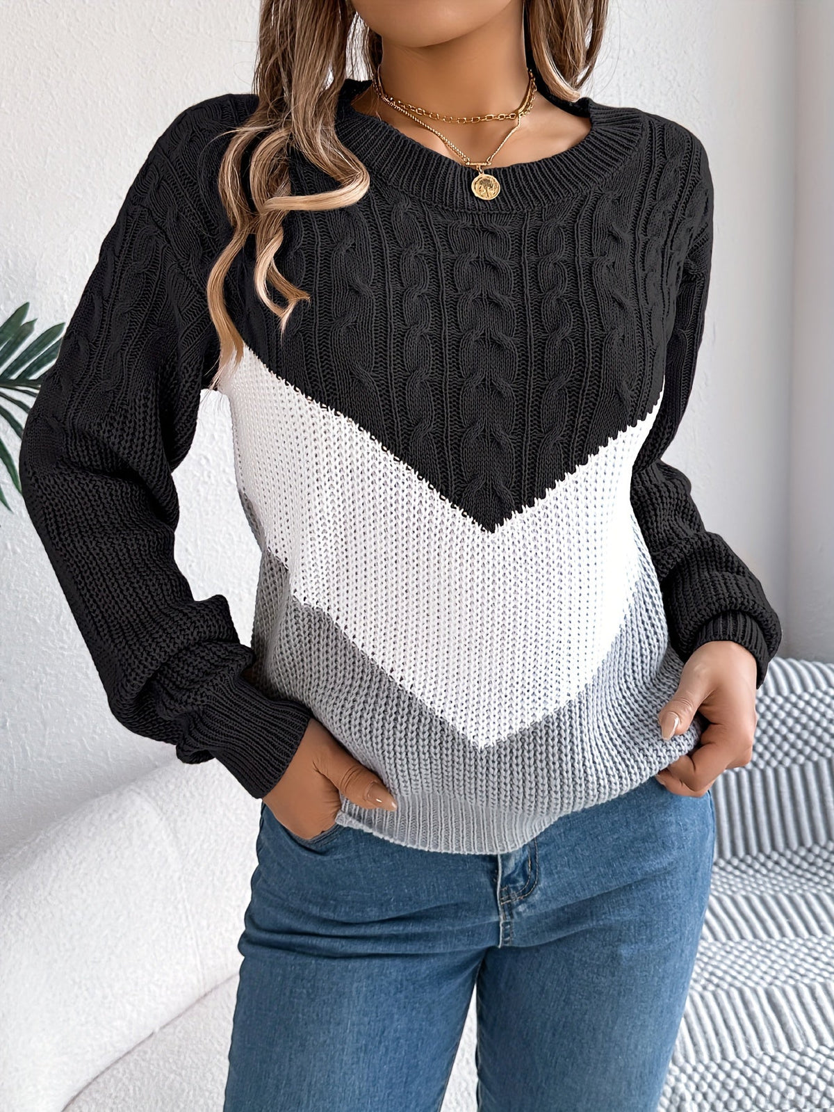 Women's Soft Knit Two-Tone Crew Sweater with Gentle Stretch