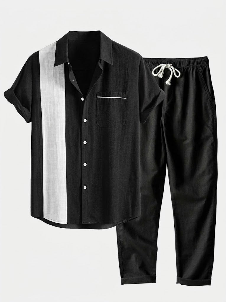 Men's Cotton Shirt and Linen Blend Trousers Set Lightweight