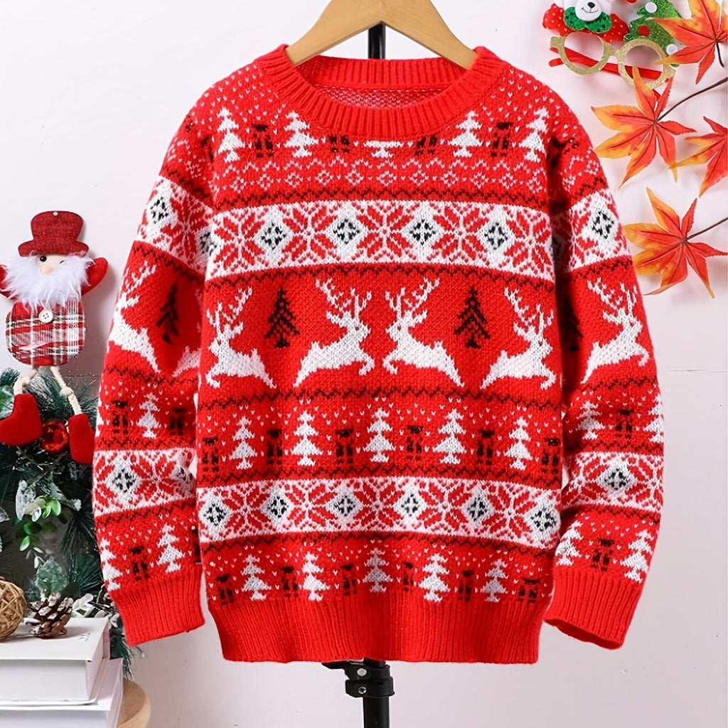 Women's Red Reindeer and Pine Tree Holiday Knit Sweater - Red