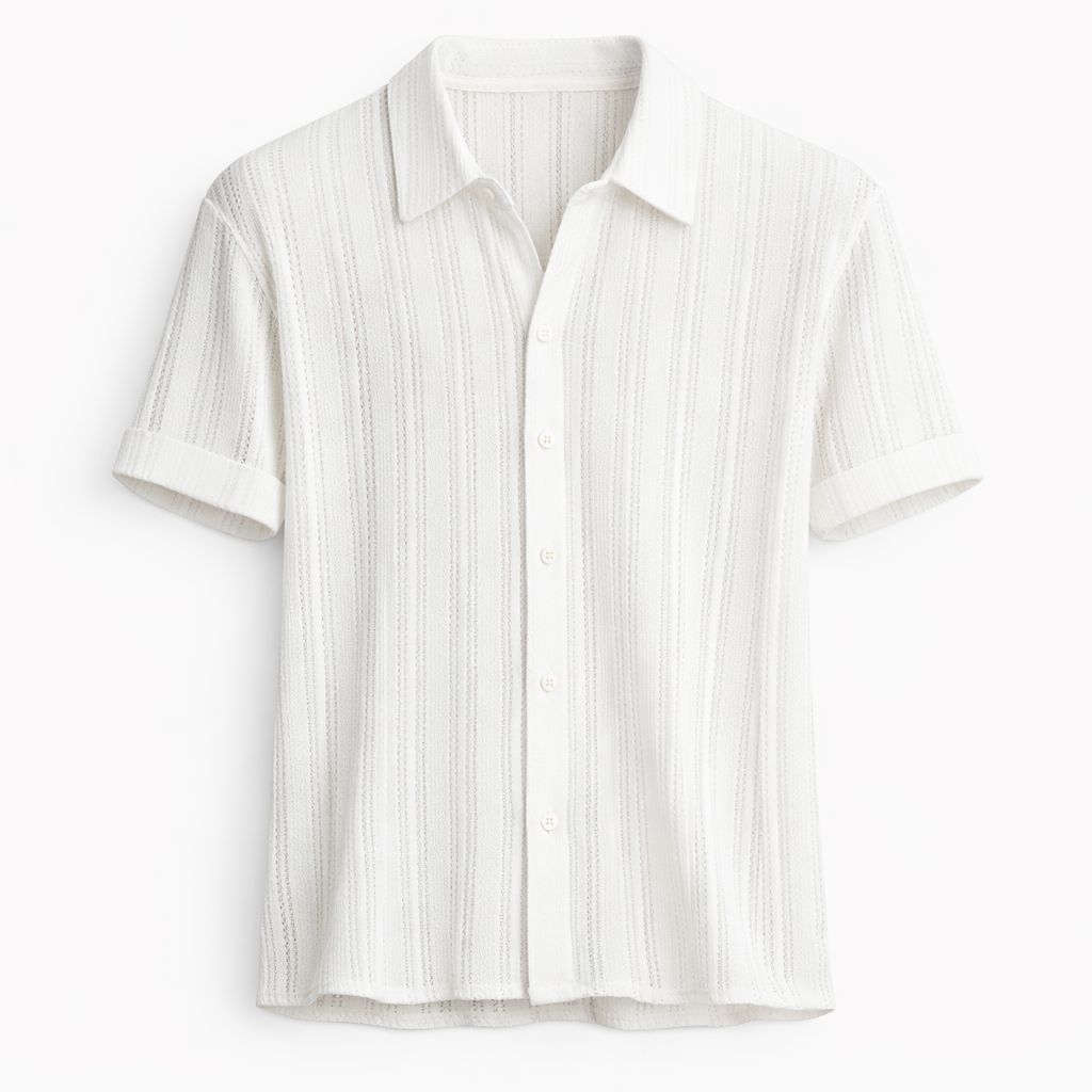 Men's Knit Polo Shirt Textured Vertical Stripe Summer Top