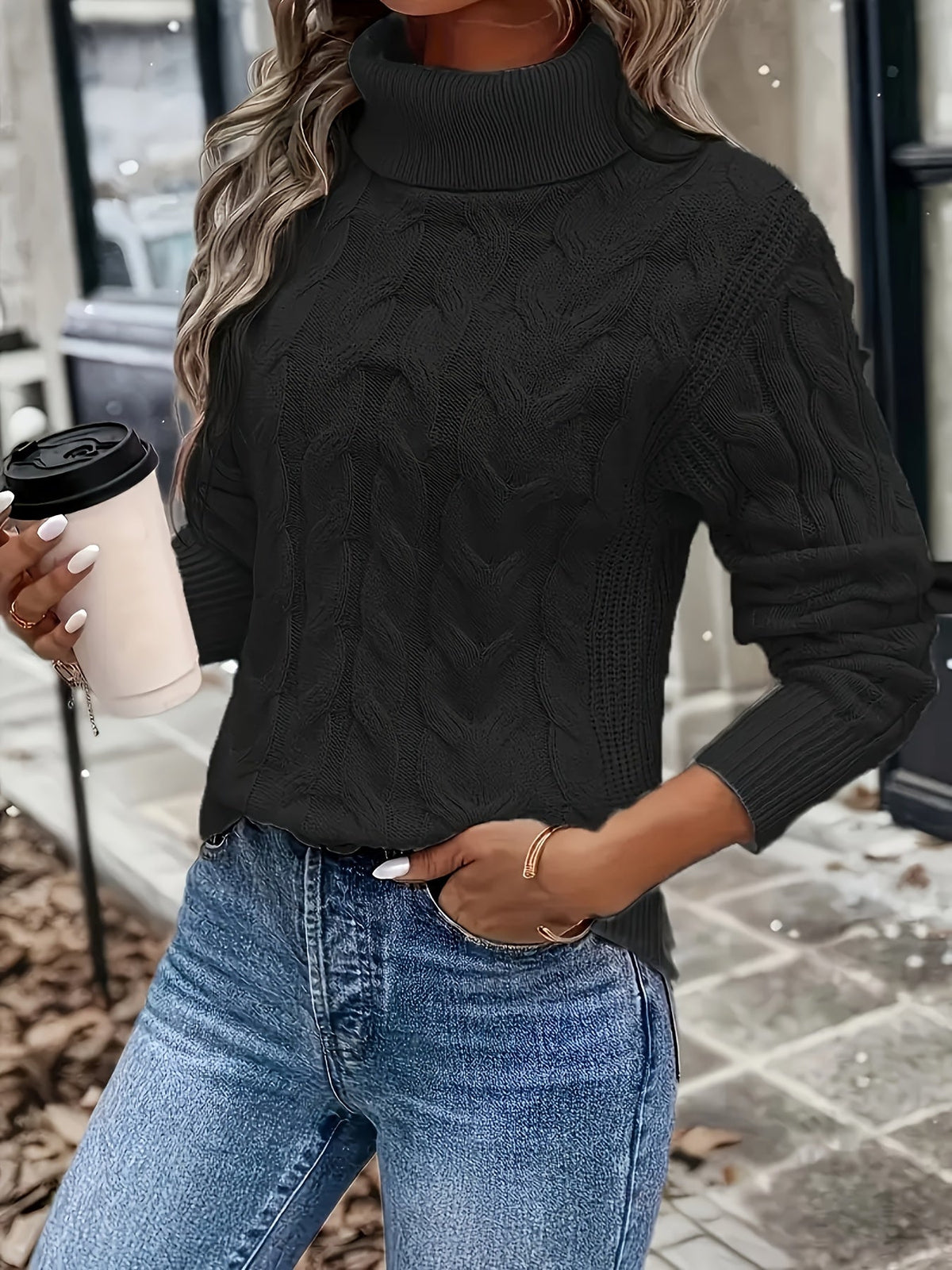 Women's Everyday Turtleneck Pullover with Twisted Cable Knit