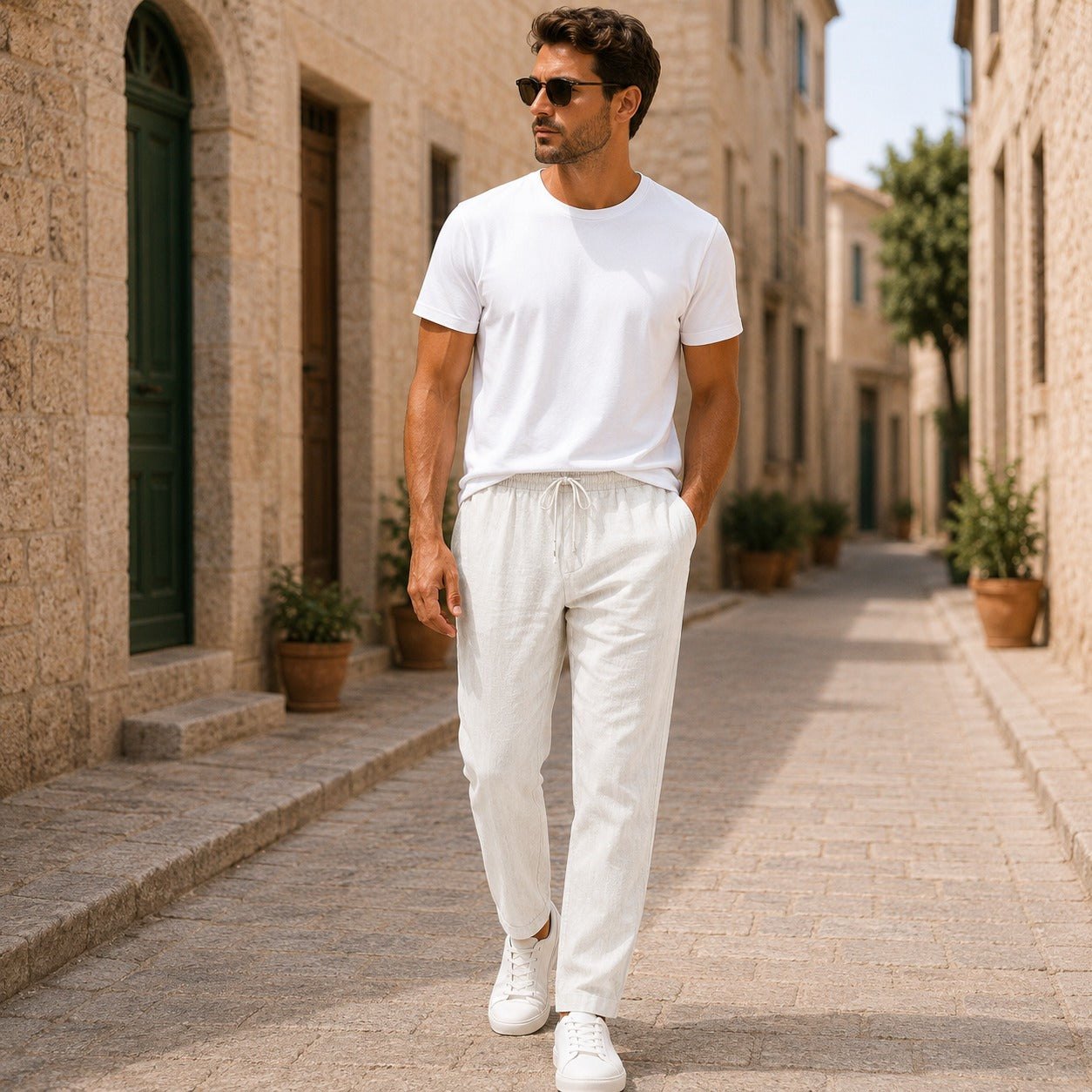 Men's Lightweight Linen Drawstring Trousers Relaxed Summer Pants