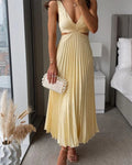 Women's Pleated Cut-Out Midi Dress – V-Neck Wedding