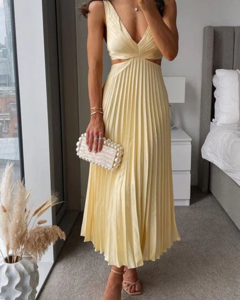 Women's Pleated Cut-Out Midi Dress – V-Neck Wedding