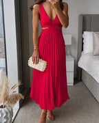 Women's Pleated Cut-Out Midi Dress – V-Neck Wedding