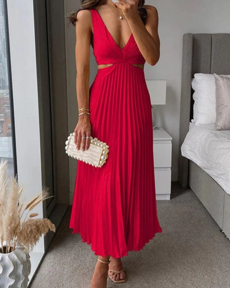 Women's Pleated Cut-Out Midi Dress – V-Neck Wedding