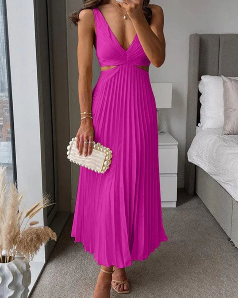 Women's Pleated Cut-Out Midi Dress – V-Neck Wedding