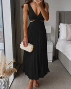 Women's Pleated Cut-Out Midi Dress – V-Neck Wedding